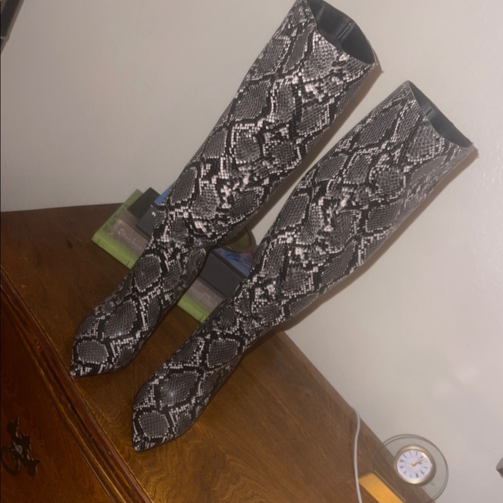 Steve Madden Black and Gray Snakeskin Knee-High Heeled Boots